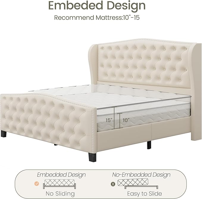 LARMACE Queen Size Bed Frame Velvet Upholstered Platform Bed with Wingback Headboard & Footbaord, Deep Button Tufted Bed Frame with Wood Slats Support, No Box Spring Needed, Beige