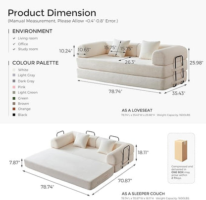 79" Convertible Sofa Bed with Fixed-Shape Frame & Removable Armrests, Modular Corduroy Sleeper Sofa, Folding Mattress Couch for Small Spaces - No Assembly Needed in Beige White (Includes 2 Pillows)