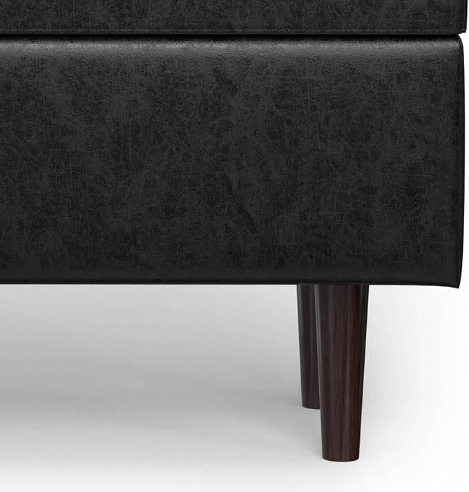 SIMPLIHOME Shay 48 inch Wide Mid Century Modern Rectangular Storage Ottoman in Distressed Black Vegan Faux Leather, Assembled, for The Living Room, Entryway and Family Room
