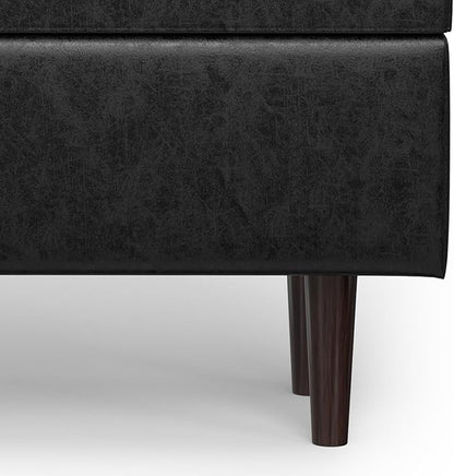 SIMPLIHOME Shay 48 inch Wide Mid Century Modern Rectangular Storage Ottoman in Distressed Black Vegan Faux Leather, Assembled, for The Living Room, Entryway and Family Room