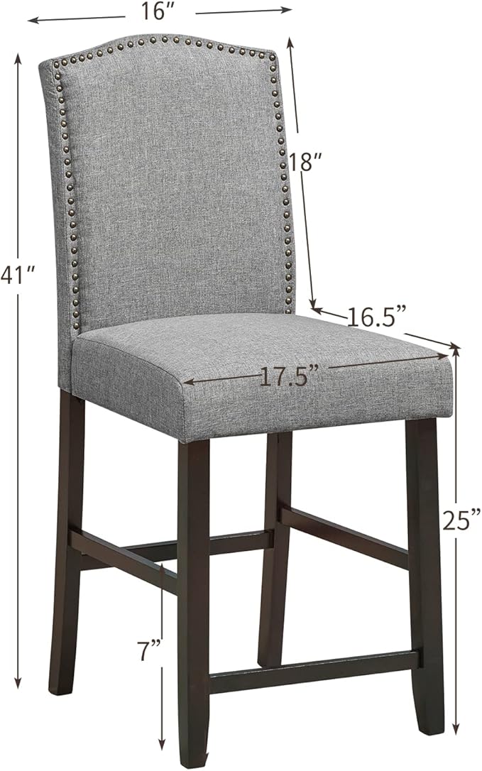 COSTWAY Bar Stools Set of 2, 25'' Upholstered Counter Height Bar Stools with S-Shaped Spring Thick Cushion, Rubber Wood Legs, High Back Leisure Chairs for Living, Kitchen, Dining Room (Grey, 2)