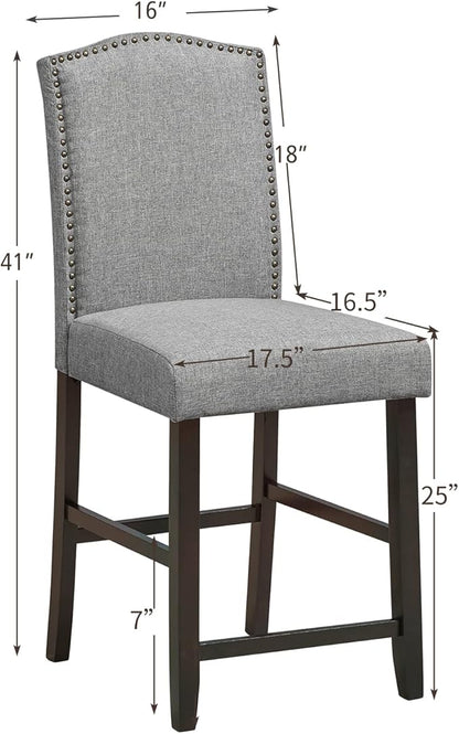 COSTWAY Bar Stools Set of 2, 25'' Upholstered Counter Height Bar Stools with S-Shaped Spring Thick Cushion, Rubber Wood Legs, High Back Leisure Chairs for Living, Kitchen, Dining Room (Grey, 2)