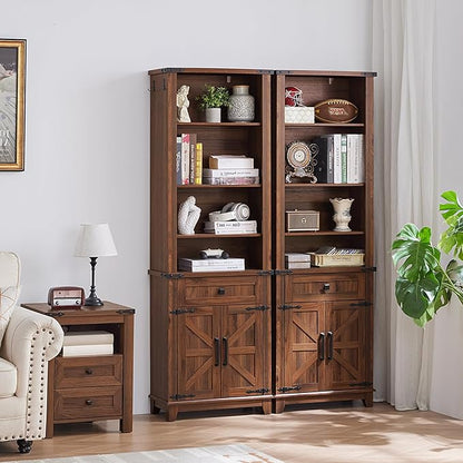 72in Tall Bookshelf 7 Tier Bookcase with Drawer and Barn Doors and Adjustable Shelves, Brown Farmhouse Book Shelf with Storage Cabinet, Wood Freestanding Display Bookshelves for Kitchen