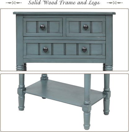 Knocbel Slim Antique Entry Console Table with Drawers & Bottom Open Shelf, Solid Wood Sofa Couch Table for Entryway Hallway Living Room (Navy)