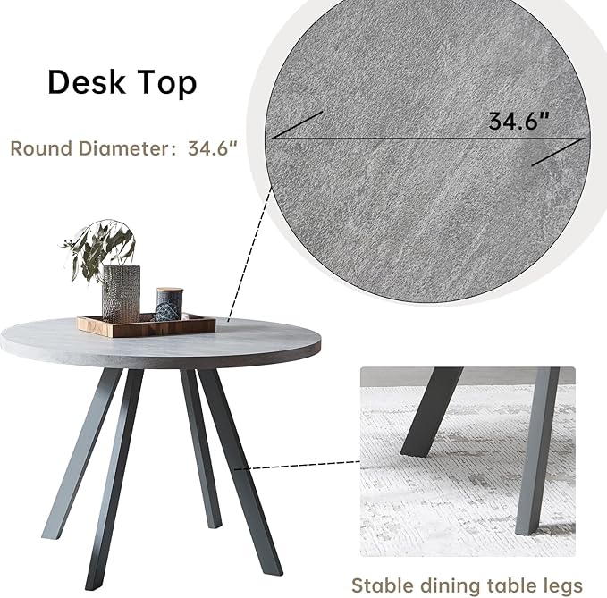 34.6'' Round Dining Table and Chairs for 2, Space Saving Modern Casual Coffee Table Set for Apartment Kitchen Dining Room (Grey Table+2 White Chairs)