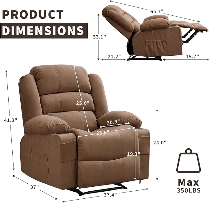 Large Recliner Chair for Adults Overstuffed Fabric Manual Pull Tab Recliner with Cup Holders, Side Pocket, 3-Position Recline, Minimalist Style Single Sofa Chair for Living Room Bedroom, Brown