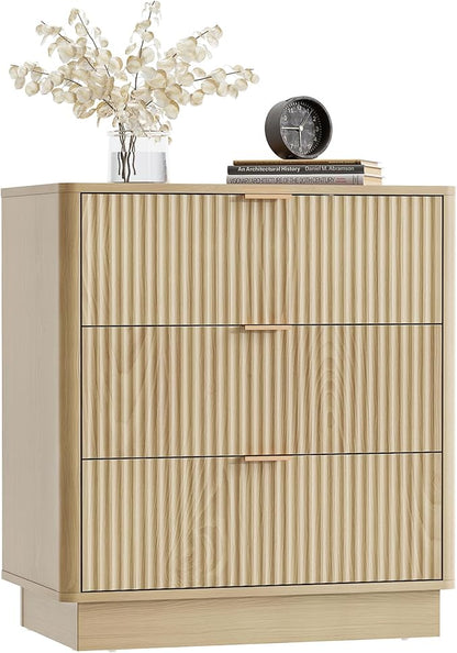 Mid Century Modern 3 Drawer Dresser for Bedroom, Fluted Wood Nightstand with Round Edge Design, Shallow Bedroom Storage for Closet, Living Room（Natural Oak）