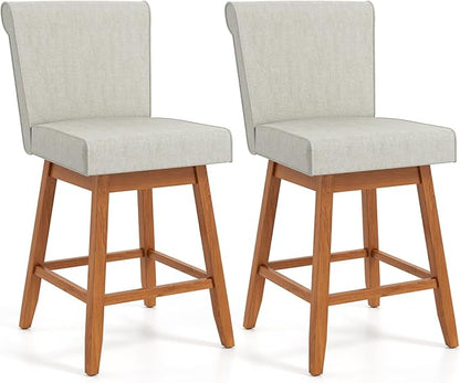 COSTWAY Swivel Bar Stools Set of 2, 27" Counter Height Bar Chairs with Rubber Wood Legs, Upholstered Linen Barstools with Back & Cushioned Seat, for Kitchen Island, Home, Beige (2,Beige)