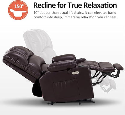 MCombo Oversized Power Lift Recliner Chair for Elderly, Lift Chair with Heat and Massage, Lift Recliner for Big and Tall, Cup Holders, USB &Type C Ports, Faux Leather R7092 (Dark Brown, Oversize)