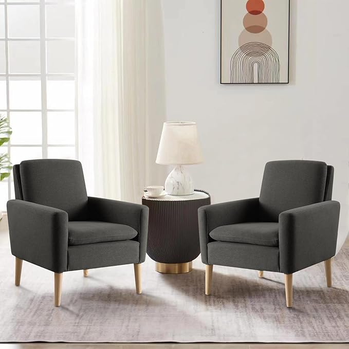 Lohoms Modern Accent Chair for Living Room, Comfy Upholstered Linen Fabric Single Sofa Chair for Bedroom, Guest Room, Office, Waiting Area, Black Armchair with Wood Legs