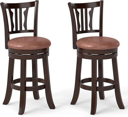 COSTWAY 26" Counter Height Stools Set of 2, Swivel High-Top Chairs with Backrest & Faux Leather Padded Seat, Rubber Wood Counter Barstools with Footrest for Kitchen, Dining Room, Pub (2,26'')