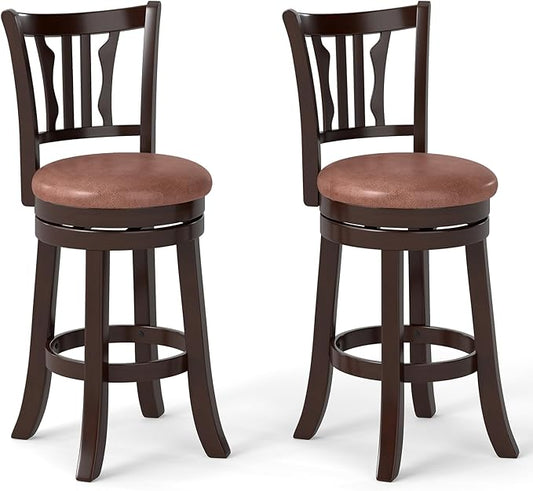 COSTWAY 26" Counter Height Stools Set of 2, Swivel High-Top Chairs with Backrest & Faux Leather Padded Seat, Rubber Wood Counter Barstools with Footrest for Kitchen, Dining Room, Pub (2,26'')