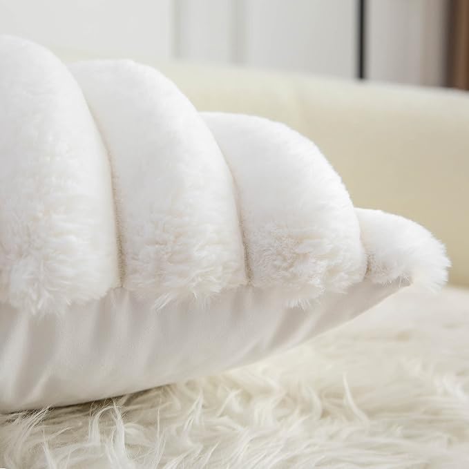 Neelvin Cream White Faux Fur Cozy Soft Striped Decorative Throw Pillow Covers 12x20 inch Set of 2,Velvet Pillowcase Cushion Case for Sofa Couch