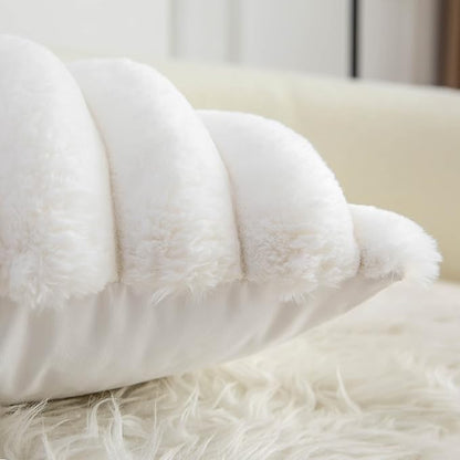 Neelvin Cream White Faux Fur Cozy Soft Striped Decorative Throw Pillow Covers 18x18 inch Set of 2,Velvet Pillowcase Cushion Case for Sofa Couch