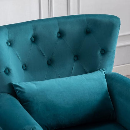Accent Reading Arm Chairs with Ottoman Set of 2 for Living Room Bedroom, Midcentury Modern Corner Sofa Chair, Wingback Waiting Room Club Chair with Tufted Back &Lumbar Pillow, Velvet Teal