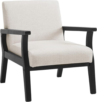Mid Century Modern Accent Chair, Linen Upholstered Living Room Accent Armchair with Black Wood Frame, Farmhouse Chair Indoor Corner Chair for Living Room Bedroom, Beige