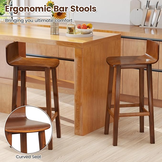 COSTWAY Solid Wood Bar Stools Set of 4, 29-inch Counter Height Chairs with Low Back and Footrest, Farmhouse Wooden Armless Barstools for Kitchen Island, Dining Room, Cafe, Breakfast, Brown