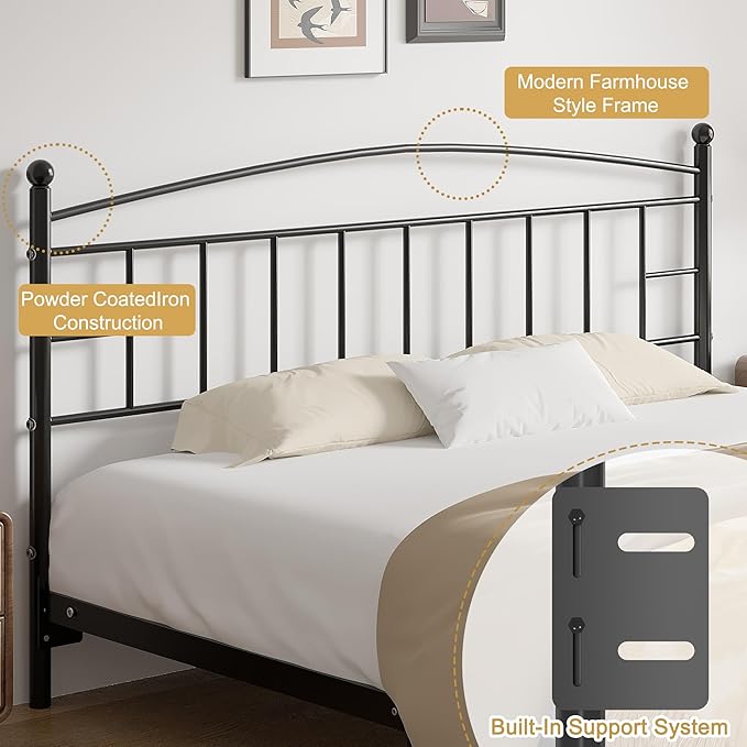 VECELO Metal King Size Headboard, Heavy Duty Curved Headboard Only Height Adjustable, Easy to Assembly, Modern Farmhouse Style Arching Lines Design for Bedroom - Black, King