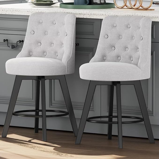 MINCETA Set of 2 Upholstered Bar Stools - 26 Inch Swivel Counter Height Stools with Low Tufted Back, Footrest & Performance Fabric - Round Seat for Kitchen Island & Home Bar Gray and Beige