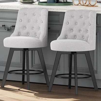 MINCETA Set of 2 Upholstered Bar Stools - 26 Inch Swivel Counter Height Stools with Low Tufted Back, Footrest & Performance Fabric - Round Seat for Kitchen Island & Home Bar Gray and Beige