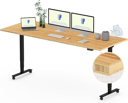 FLEXISPOT E6 MAX Bamboo 78x30 Inch Dual Motor 3-Stage Heavy Duty Standing Desk, 330lbs Weight Capacity, Height Adjustable Desk w/Cable Management & Wheels (Solid Bamboo Desktop + Black Frame)