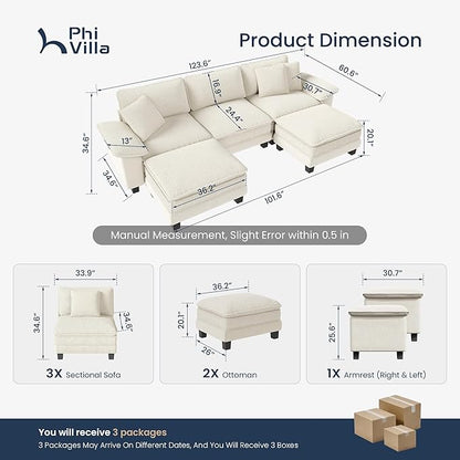 PHI VILLA Cloud Modular Couch Sets, 123.6" Sectional Sofa with U-Shaped Chaise Ottoman, 5-Seater Couches with Upholstered Deep Seat for Living Room, Chenille Corduroy Dual Fabric, Beige