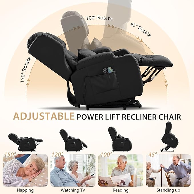Power Lift Chair Recliner with Heat and Massage,Single Sofa Chair Recliner for Elderly,Electric Recliners Comfortable Lift Chairs for Living Room with Remote/Storage/Cup Holders/USB Port (Black)