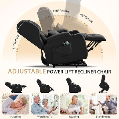 Power Lift Chair Recliner with Heat and Massage,Single Sofa Chair Recliner for Elderly,Electric Recliners Comfortable Lift Chairs for Living Room with Remote/Storage/Cup Holders/USB Port (Black)