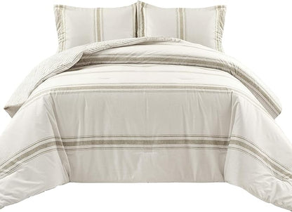 Lush Decor Farmhouse Stripe Reversible Cotton Comforter Set, 3 Piece Set, Full/ Queen, Neutral - Cozy Farmhouse Bedding Set - Rustic Decor - Striped Comforter - Modern Farmhouse Bedroom Decor