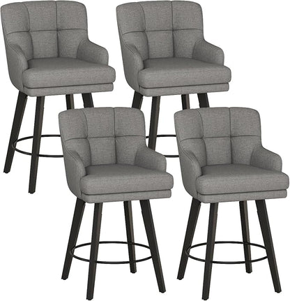 360°Swivel Counter Height Bar Stools with Back, 26 inch Solid Wood Legs, Bar Stool Modern Kitchen Island Chairs, Fabric (Mid-Grey- Fabric, 26" H- Set of 4)