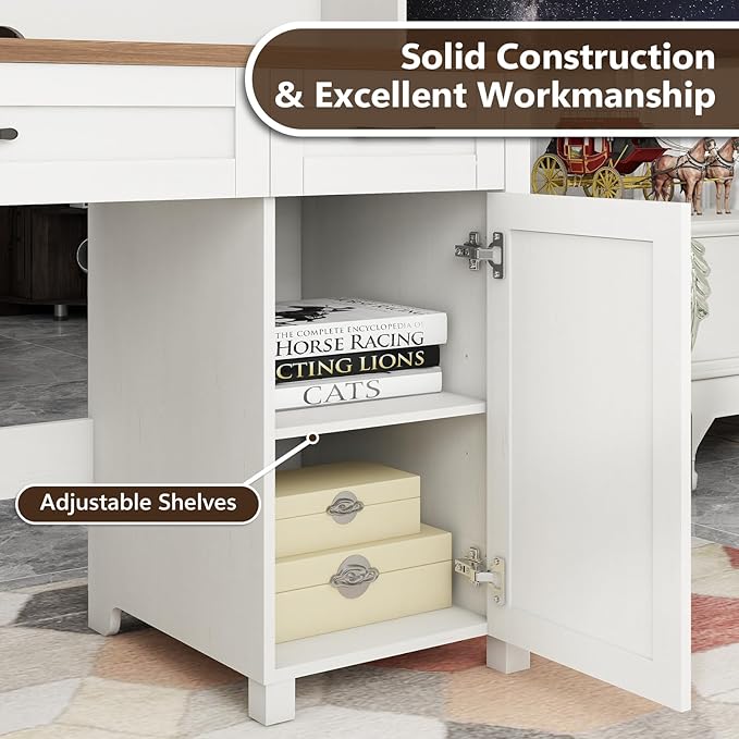 Vabches Farmhouse 47" Executive Desk, Computer Desk with 2 Drawers, Storage Cabinet and LED Light,Charging Hub, Home Office Desk with Hutch, Workstation for Home Office and Study.(Unique White)
