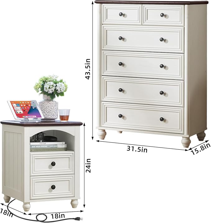 Dressers and Night Stand Set of 3, Wood 43.5" Tall Dresser and 18" Wide with Charging Station Chest of Drawers, Roman Column Nightstand Set of 2, Bedroom Furniture Dresser Suites for Home Living Room