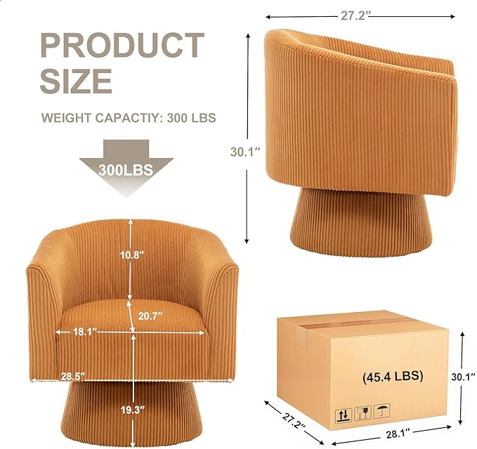 Swivel Accent Chair, Modern 360° Swivel Barrel Chair, Corduroy Upholstered Single Sofa for Living Room, Bedroom(Mustard)