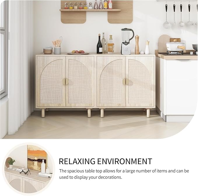 Beige Sideboard Cabinet with 2 Rattan Doors, Rattan Buffet Cabinet with Adjustable Shelves & Pine Legs, Boho Sideboard Buffet for Living Room, Kitchen, Entryway (Beige,2 PCS)