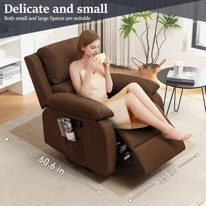 Recliner Chair, 360 Swivel Rocker Chair for Adults, Small Rocking Recliner Chair for Small Spaces, Upholstered Fabric Glider Recliner Nursery Chair with Side Pockets for Nursery, Living Room