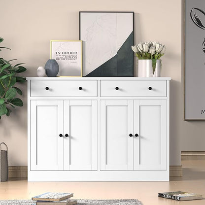 49" White Buffet Cabinet with Doors & Drawers, Modern Kitchen Storage Sideboard, Coffee Bar Console for Dining Room, Living Room, Entryway