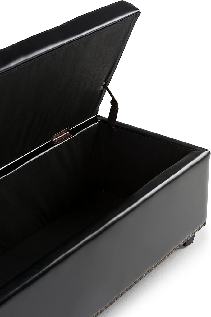 SIMPLIHOME Hamilton 48 inch Wide Transitional Rectangle Storage Ottoman in Midnight Black Vegan Faux Leather, Assembled, For the Living Room, Entryway and Family Room