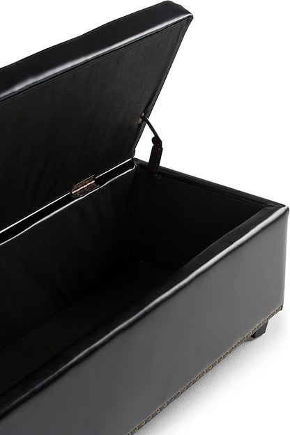 SIMPLIHOME Hamilton 48 inch Wide Transitional Rectangle Storage Ottoman in Midnight Black Vegan Faux Leather, Assembled, For the Living Room, Entryway and Family Room
