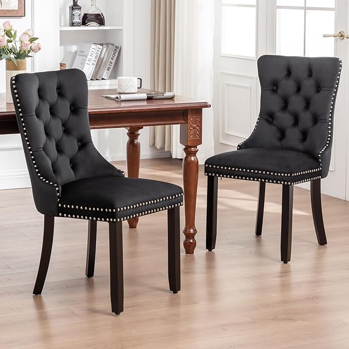Velvet Dining Chairs Set of 2, Tufted Dining Room Chairs with Nailhead Ring Pull Trim, Upholstered Dining Chairs with Solid Wood Legs for Kitchen Dining Room (Black)