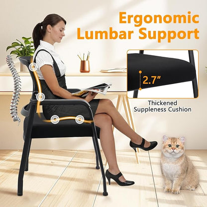 Office Guest Chairs No Wheels | Ergonomic Lumbar Support and Thicked Seats Cushion, Desk Chair with Adjustable Mesh Back for Waiting Room School Church Reception，Black 2PK