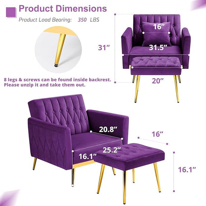 Velvet Accent Chair with Adjustable Armrests and Backrest, Button Tufted Lounge Chair, Single Recliner Armchair with Ottoman and Pillow for Living Room, Bedroom, Purpel
