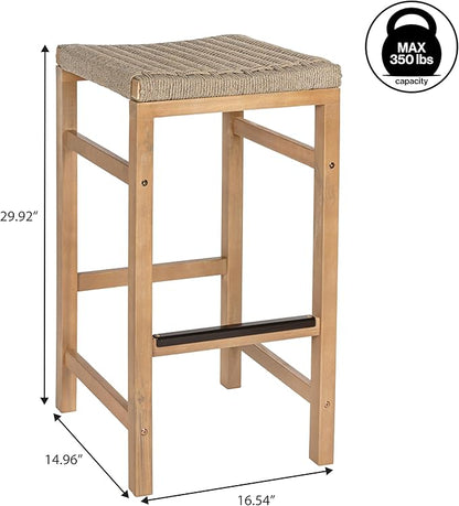 JONATHAN Y BSL1201A-SET2 Armand 30" Modern Coastal Backless Acacia Wood Outdoor Bar Stool with Woven Rope Seat, for Pool, Deck, Poolside, Light Teak/Ivory (Set of 2)