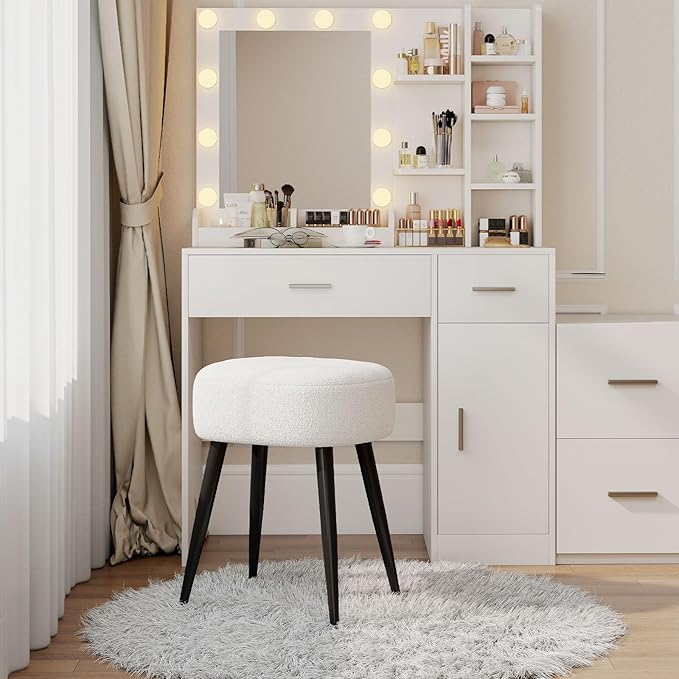 White Vanity Stool, Soft Makeup Stool with Solid Metal Legs for Vanity Corner, Morden Footrest Easy to Assembly