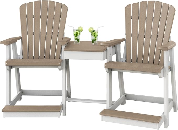 DutchCrafters Slat Fan Back Double Poly Adirondack Patio Chairs with Center Table (White & Weatherwood)