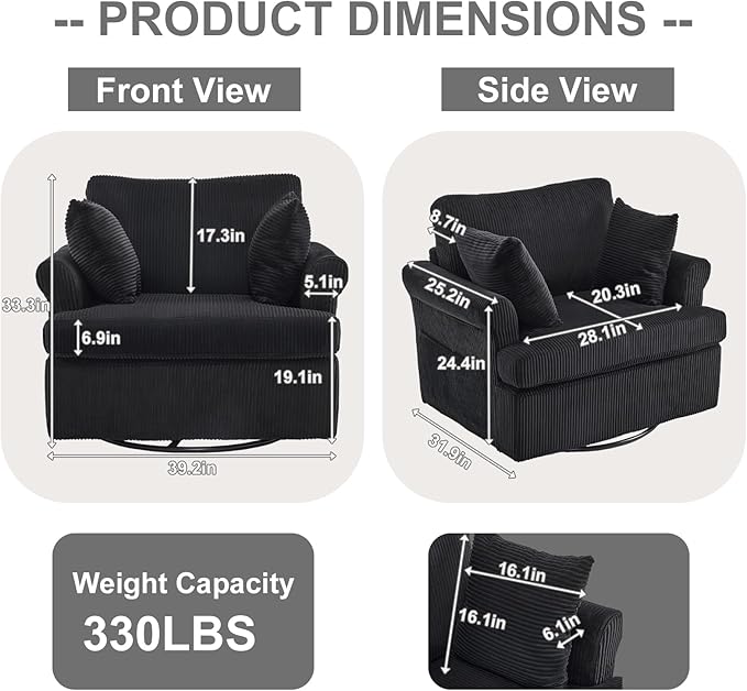 Karl home 39" Swivel Accent Chair,Oversized Seat Armchair W/2 Pillows and 4 Pockets,Modern Upholstered Corduroy Barrel Chairs,Comfy Single Sofa for Living Room,Reading,Bedroom and Office -Black
