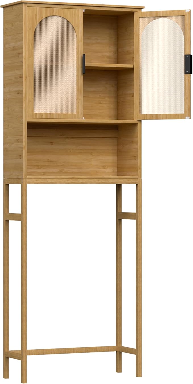 Bamboo Over-The-Toilet Storage Shelf with Inverted U-Shaped Doors, Rattan Surface Bathroom Freestanding Space Saver Organizer with Shelves, Natural