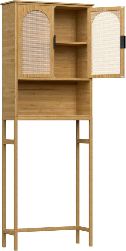 Bamboo Over-The-Toilet Storage Shelf with Inverted U-Shaped Doors, Rattan Surface Bathroom Freestanding Space Saver Organizer with Shelves, Natural