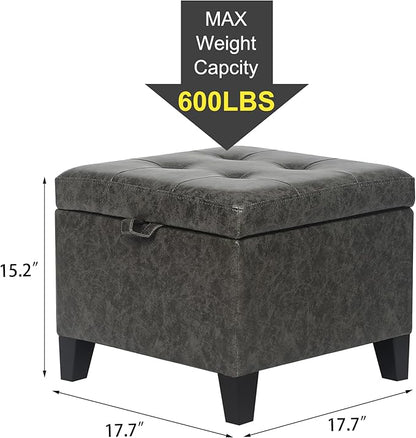 Asense 17 Inch Storage Ottoman Foot Rest,Square Faux Leather Foot Stool,Small Ottoman with Storage,Padded Seat for Entryway,Living Room,Bedroom,Couch,Under Desk,Dark Grey