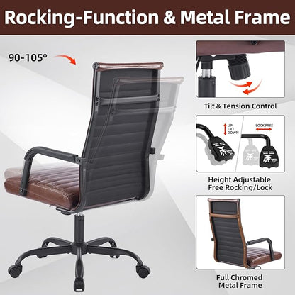 Office Chair, Ergonomic Executive Conference Room Chairs, Ribbed Leather Desk Chair with Lumbar Support, Adjustable Height Mid-Back Swivel Chair with Padded Seat and Square Tube Armrests
