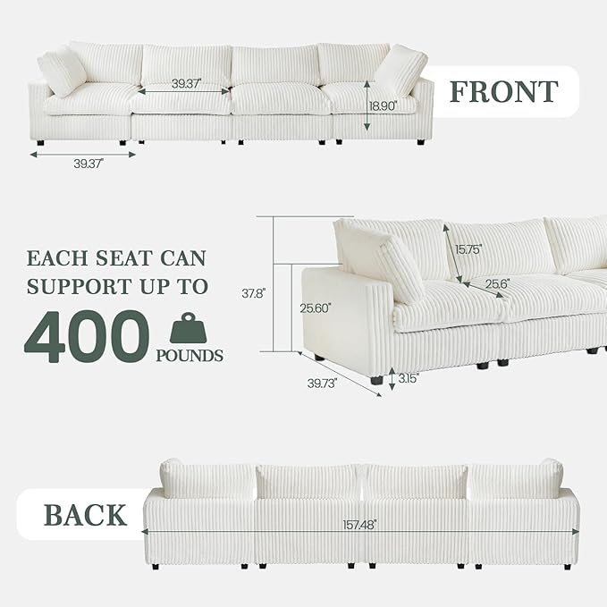Modular Sectional Sofa, 157.48" Oversized Cloud Couch, 4 Deep Seat Comfy Modular for Living Room, Plush Cushion Covers Removable, Beige